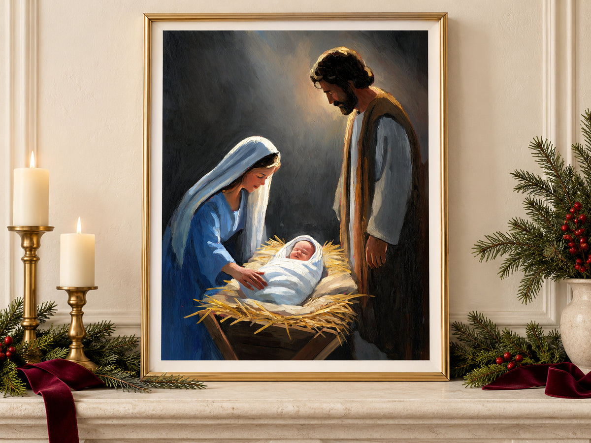 A Savior Is Born in a gold frame on a Christmas mantel with greenery and velvet ribbon
