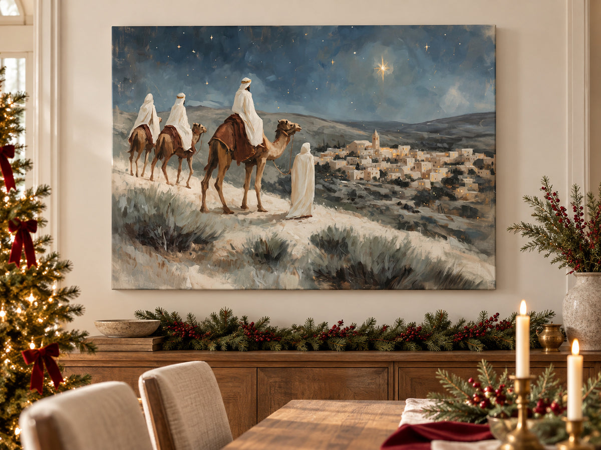 Within Sight of Bethlehem as an unframed canvas in a dining room styled with evergreen and brass for Christmas