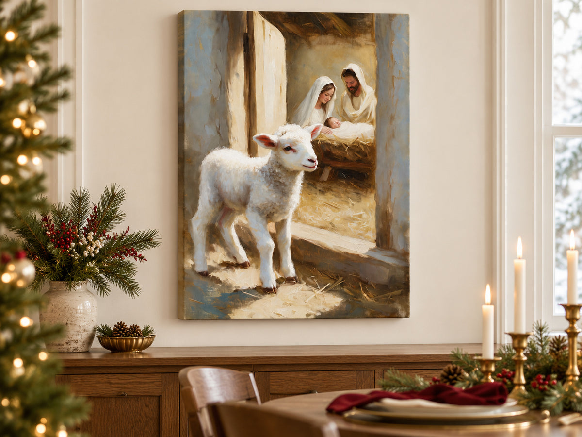 A Lamb Beside the Manger as an unframed canvas in a dining room styled with evergreen and brass for Christmas
