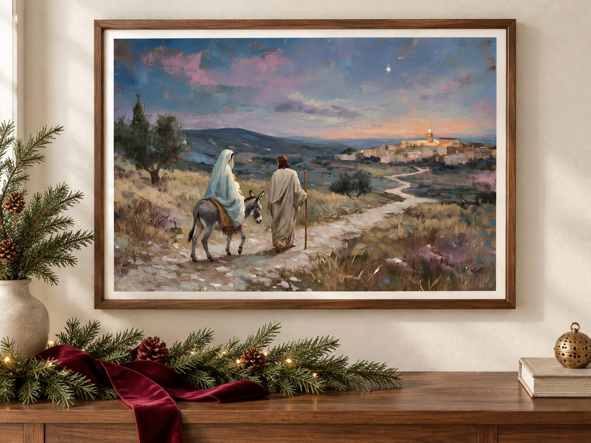 Guided to Bethlehem #2 horizontal fine art paper print displayed in Christmas paper console.