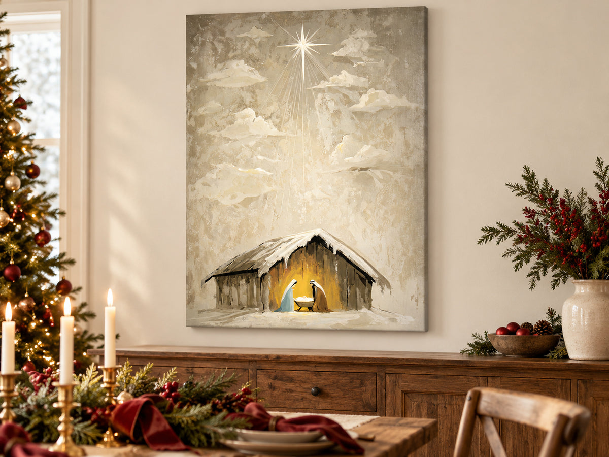 Heaven Came Down #3 as an unframed canvas in a dining room styled with evergreen and brass for Christmas