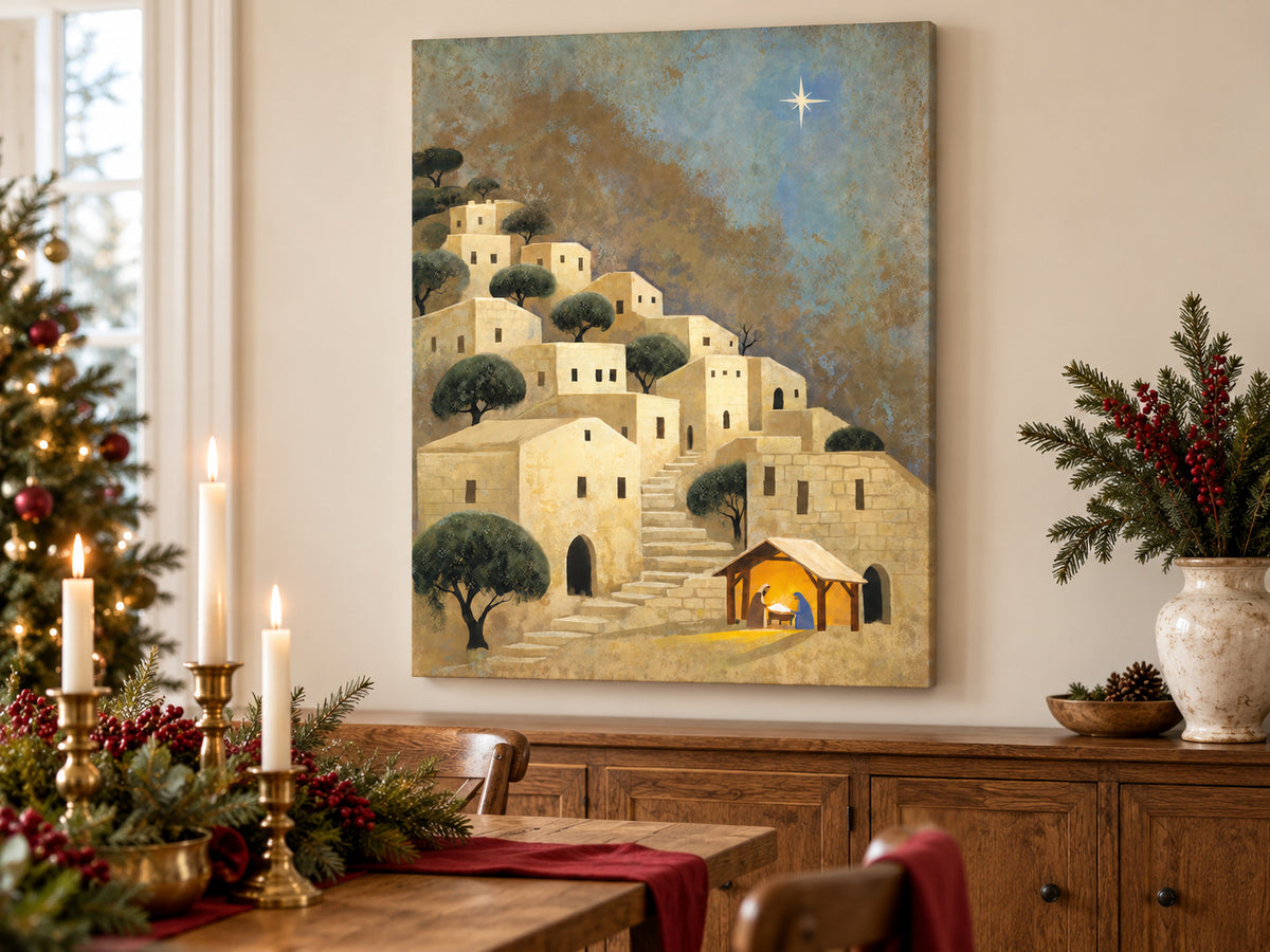Light Over Bethlehem as an unframed canvas in a dining room styled with evergreen and brass for Christmas