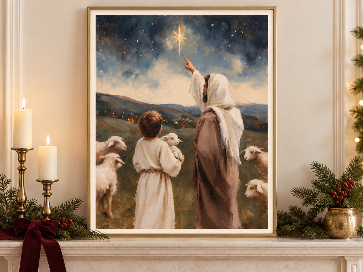 Look Toward the Light in a gold frame on a Christmas mantel with greenery and velvet ribbon