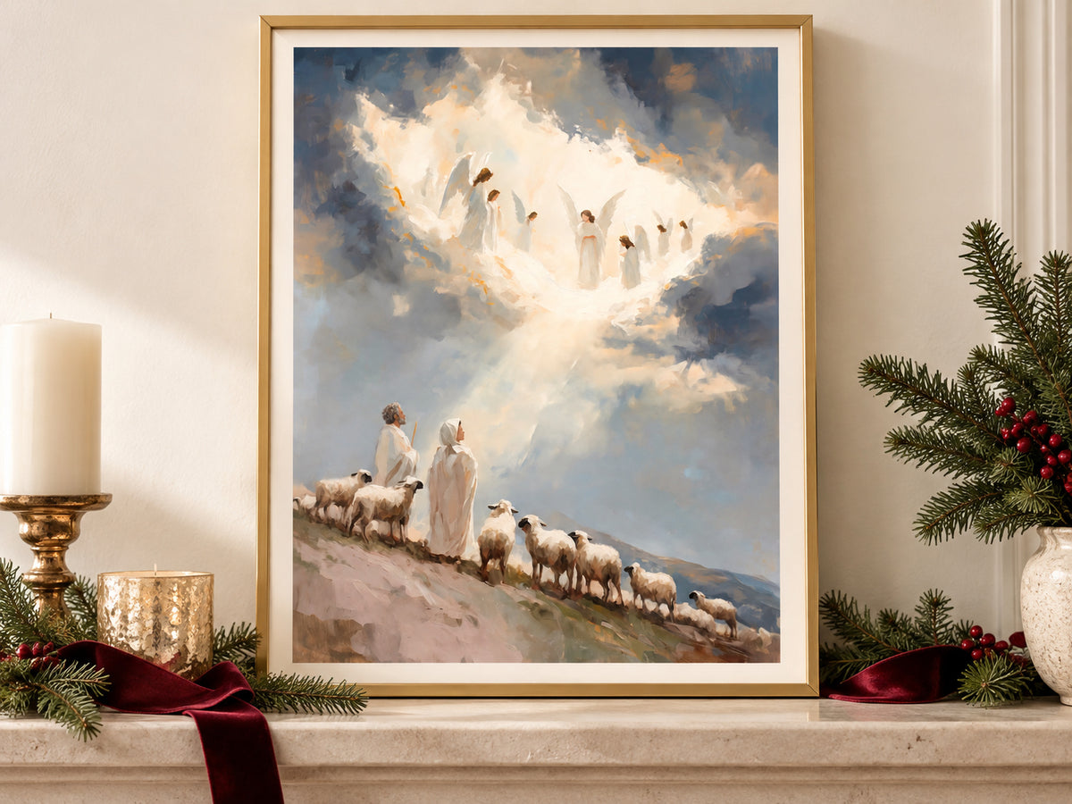 Glory in the Highest in a gold frame on a Christmas mantel with greenery and velvet ribbon