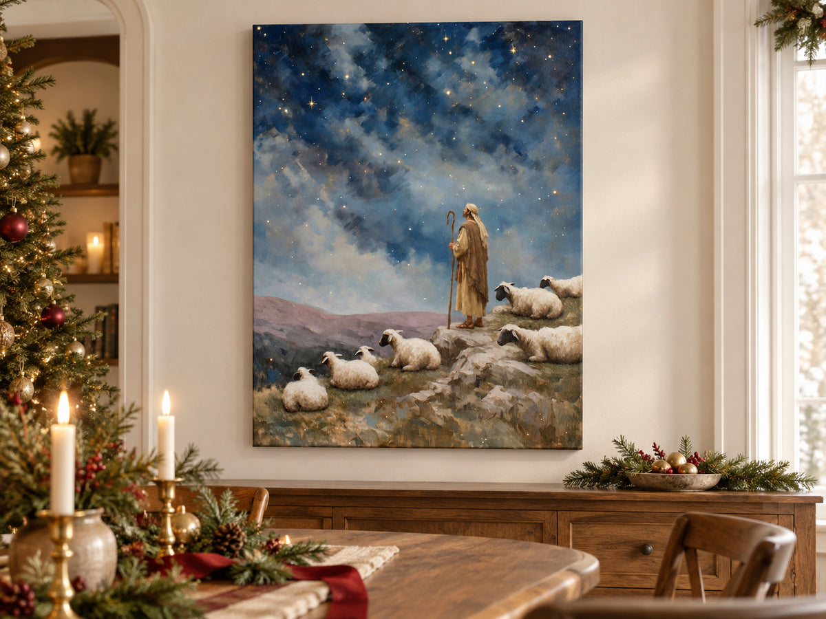 Keeping Watch as an unframed canvas in a dining room styled with evergreen and brass for Christmas
