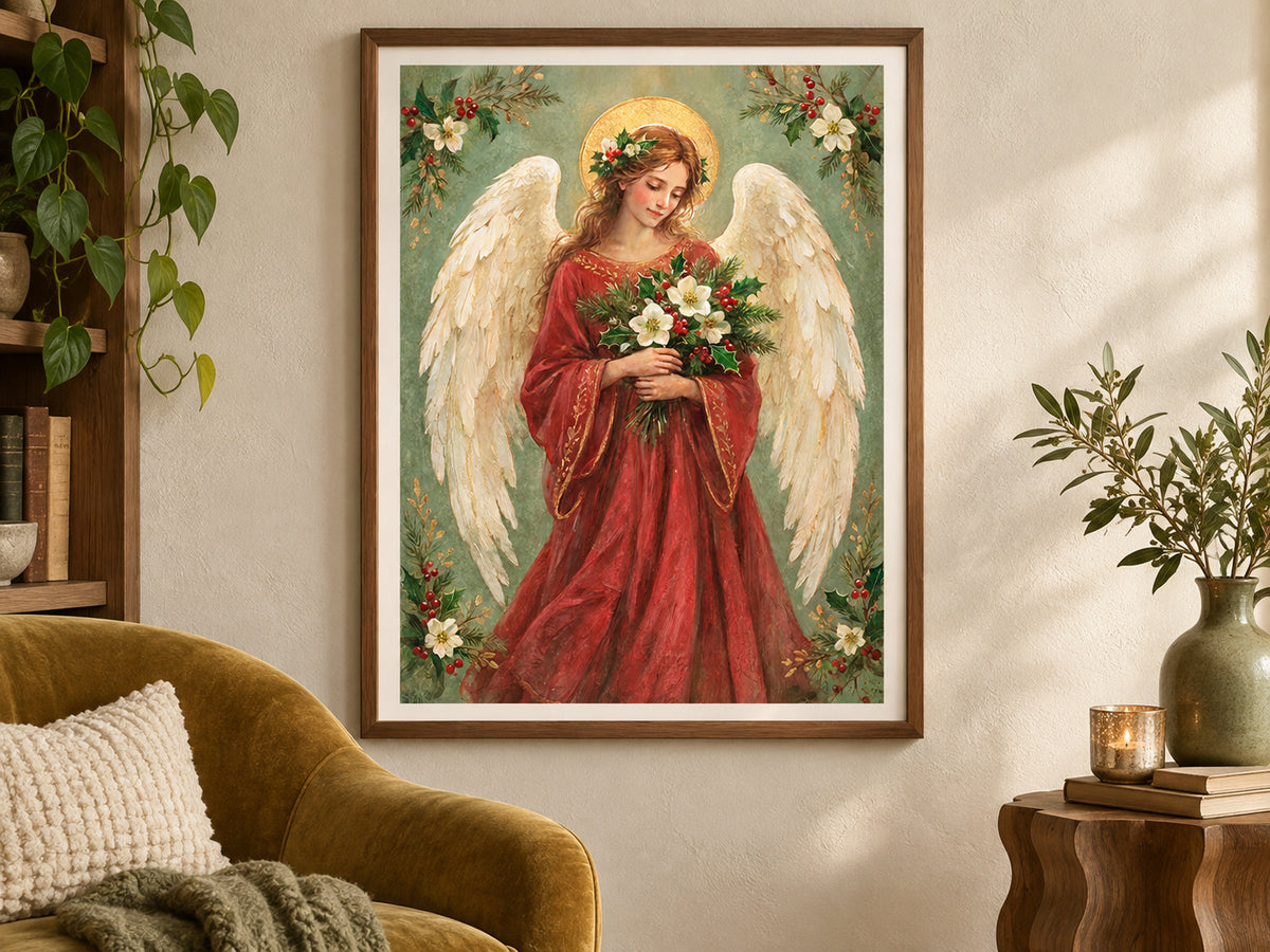 An angel with cream wings and a gold halo wears a red robe and holds white flowers, holly, and evergreen. Floral sprigs fill the corners of a soft green background. Shown as a vertical paper print in paper sculptural nook setting.
