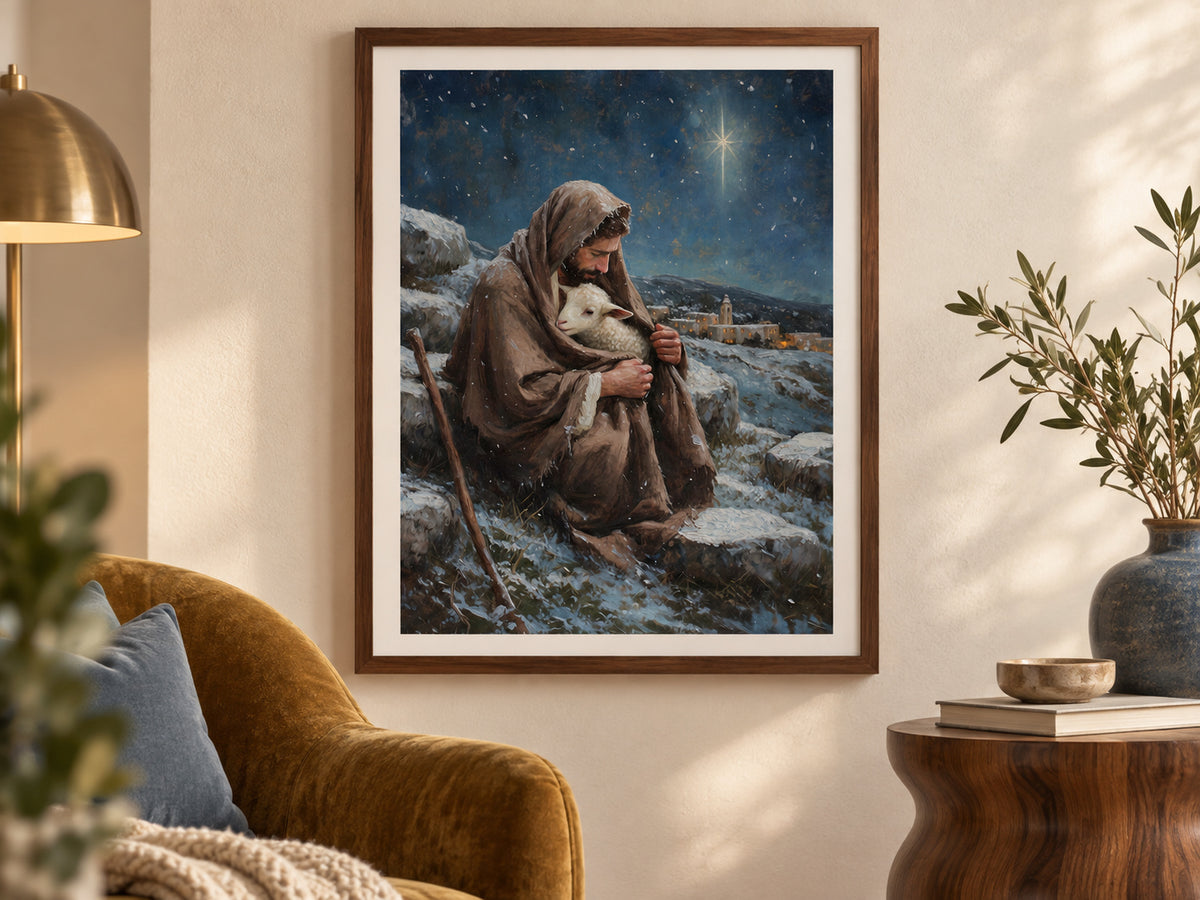 A bearded shepherd holds a white lamb inside his brown cloak on a snowy hillside. A bright star shines in a deep blue sky above a village with warm windows. Shown as a vertical paper print in paper sculptural nook setting.