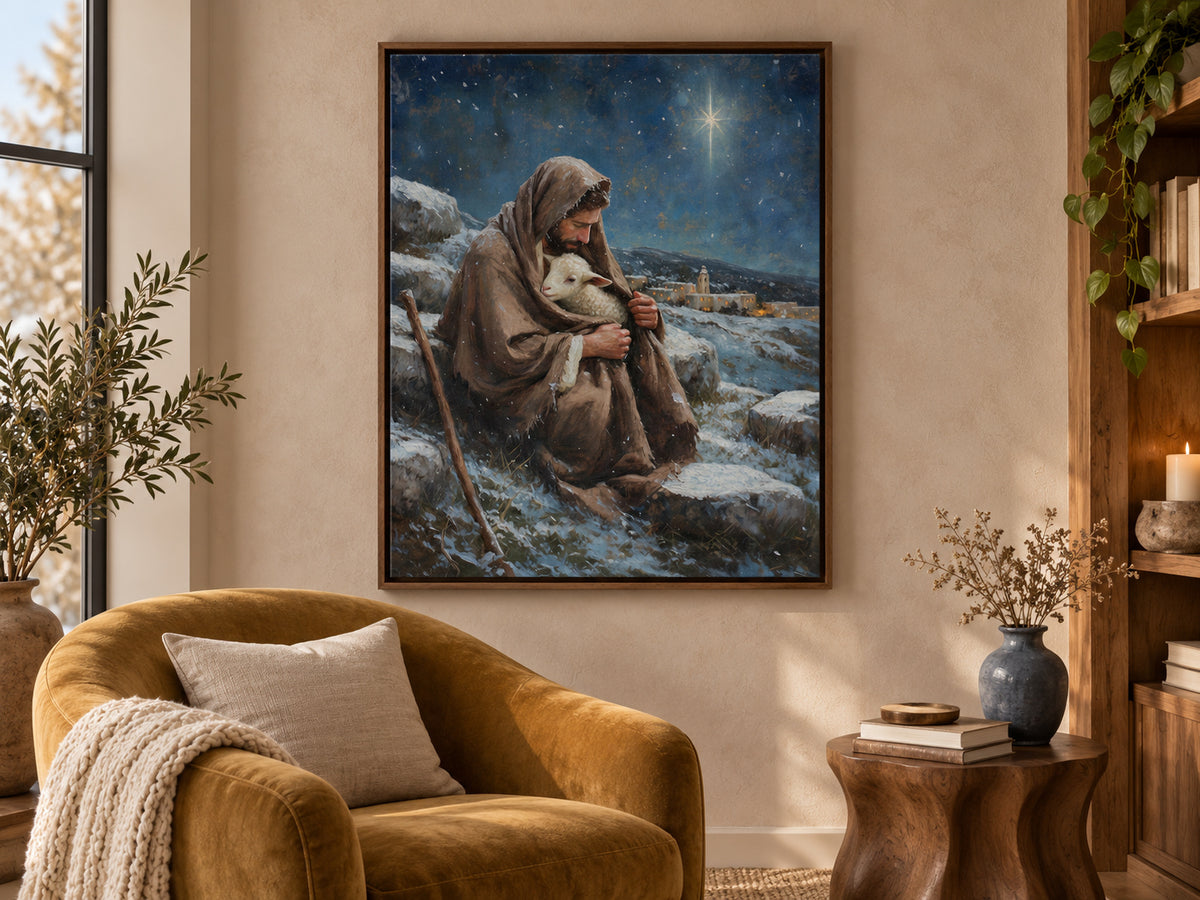 A bearded shepherd holds a white lamb inside his brown cloak on a snowy hillside. A bright star shines in a deep blue sky above a village with warm windows. Shown as a vertical canvas print in canvas sculptural nook setting.