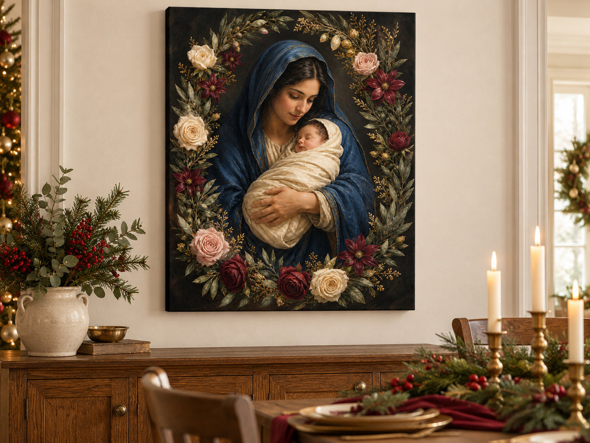 Rose of Bethlehem as an unframed canvas in a dining room styled with evergreen and brass for Christmas
