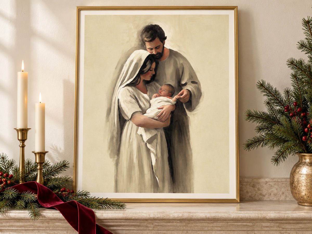 Held Between Them in a gold frame on a Christmas mantel with greenery and velvet ribbon