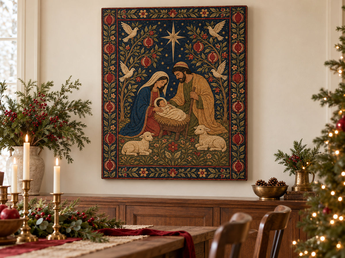 Nativity Tapestry as an unframed canvas in a dining room styled with evergreen and brass for Christmas