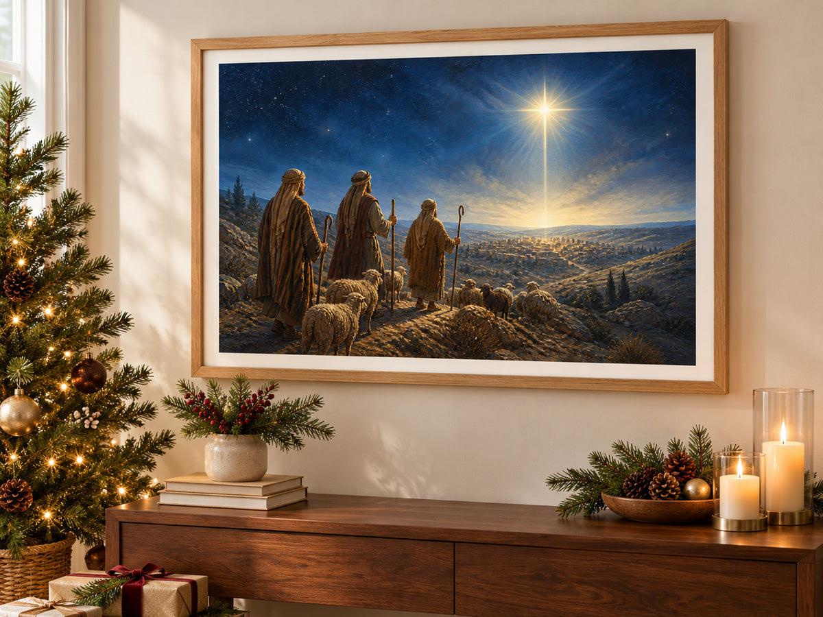 Follow the Light #2 paper print in an oak frame beside a softly lit Christmas tree.