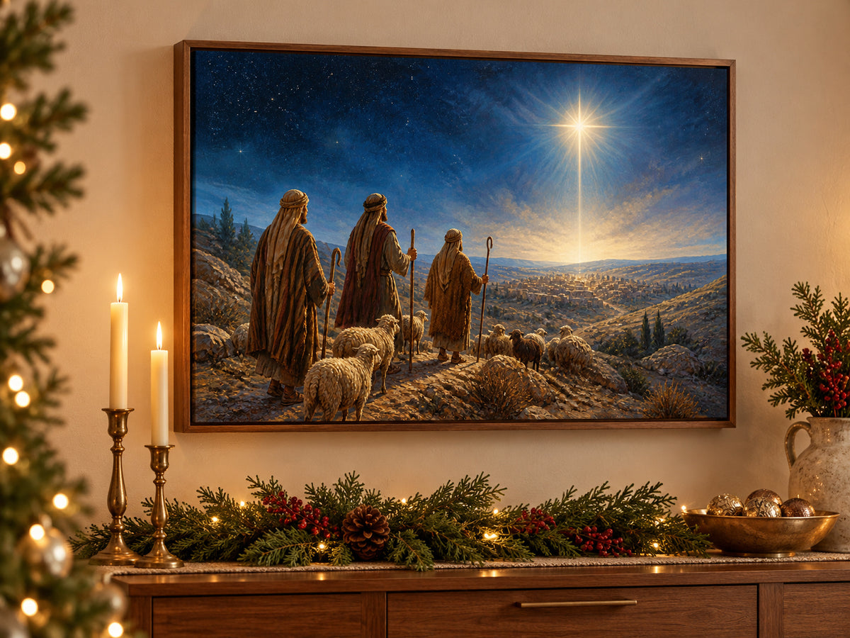 Follow the Light #2 canvas artwork in a walnut float frame with Christmas dining-room decor.
