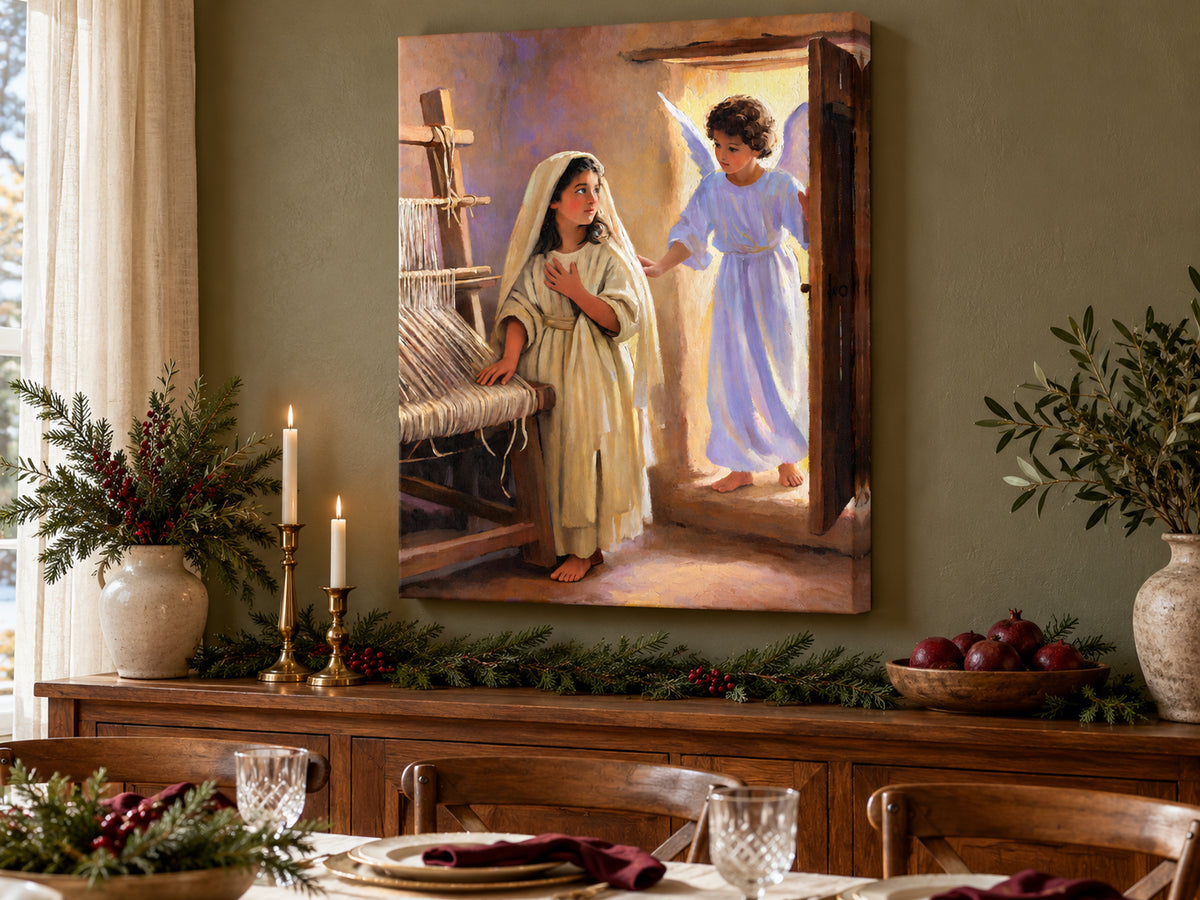 The Annunciation canvas artwork shown in a canvas christmas dining buffet setting.