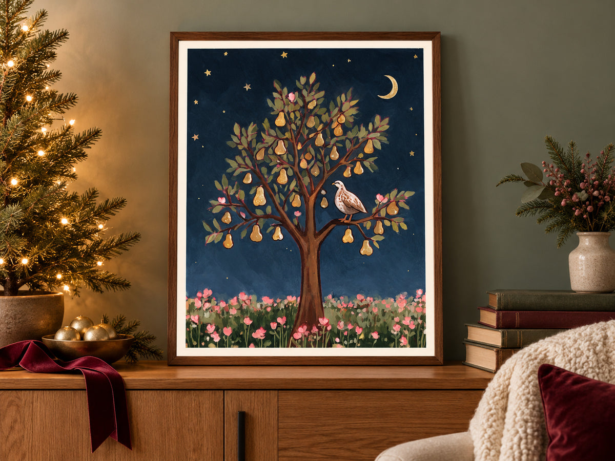 Partridge in a Pear Tree paper artwork shown in a paper christmas cozy nook setting.