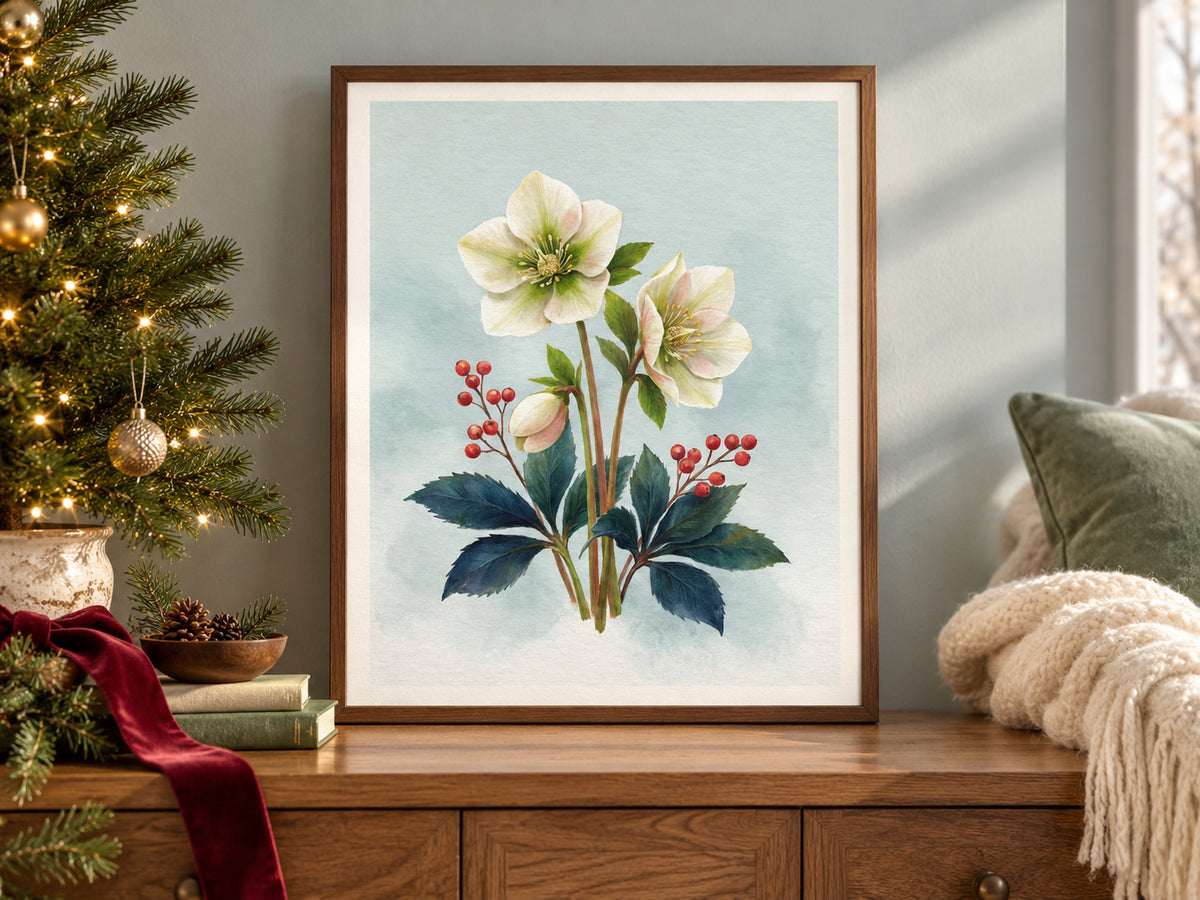Christmas Rose Study paper artwork shown in a paper christmas cozy nook setting.