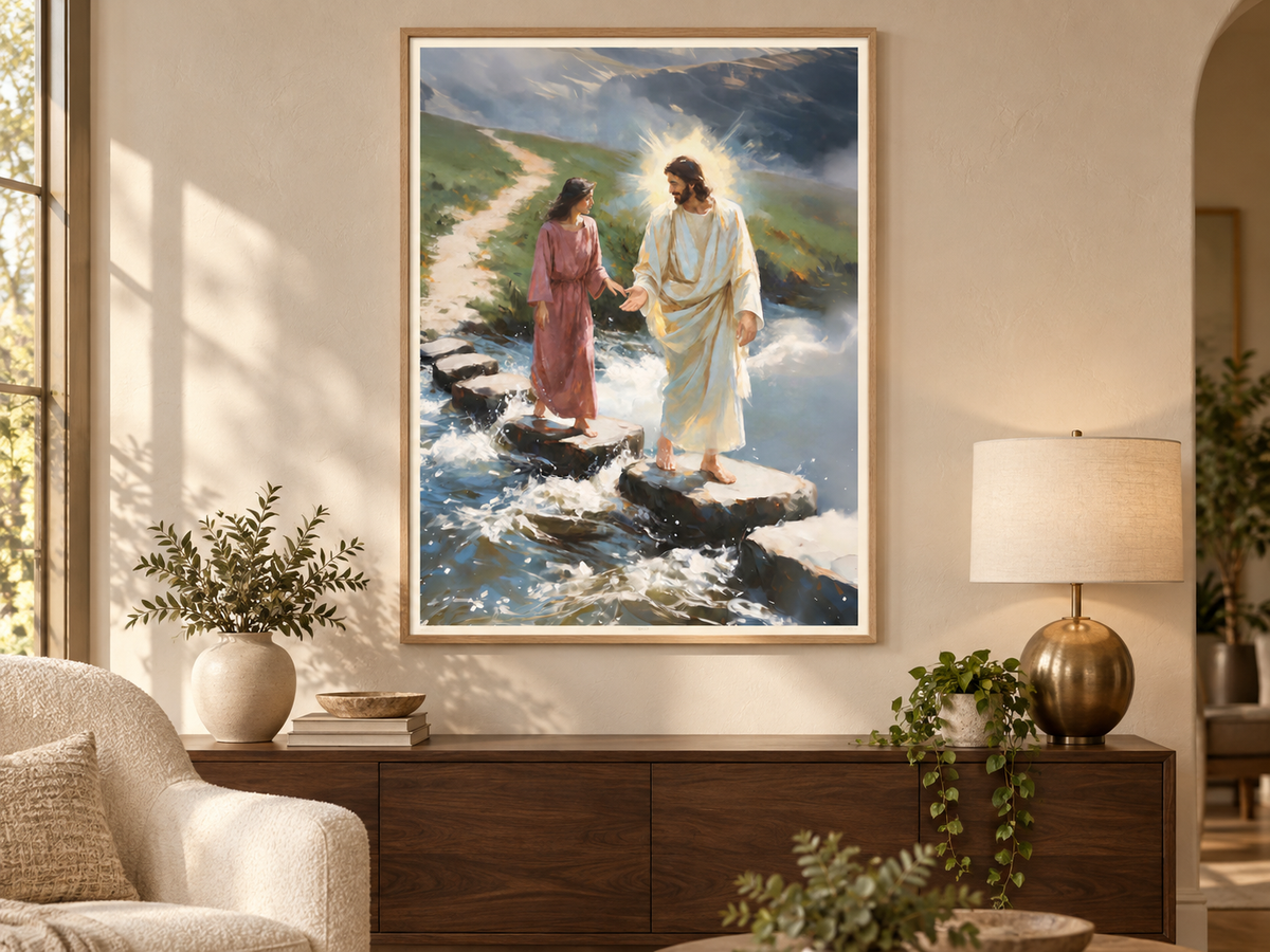 Vertical fine art paper print of Jesus reaching toward a woman across rushing water, in a simple oak frame above a walnut console.