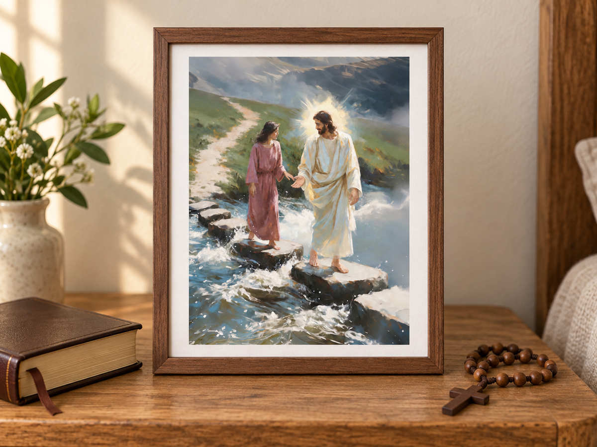 Small framed fine art paper print of Jesus reaching toward a woman across river stones on a wood table beside a closed book and rosary.