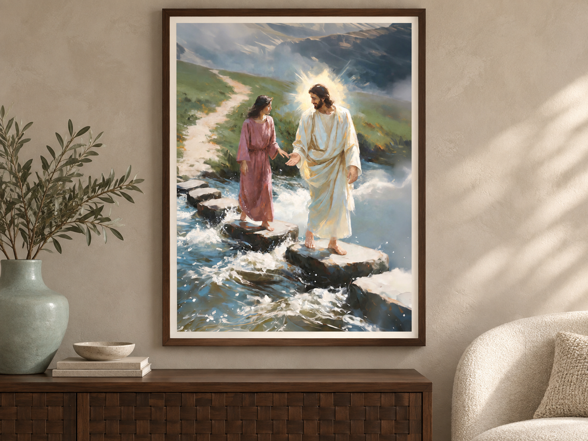 Vertical framed fine art paper print of Jesus reaching toward a woman across water above a dark walnut console and cream chair.