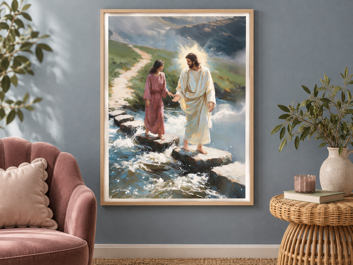 Vertical framed fine art paper print of Jesus reaching toward a woman across water on a blue-gray wall beside a mauve chair.