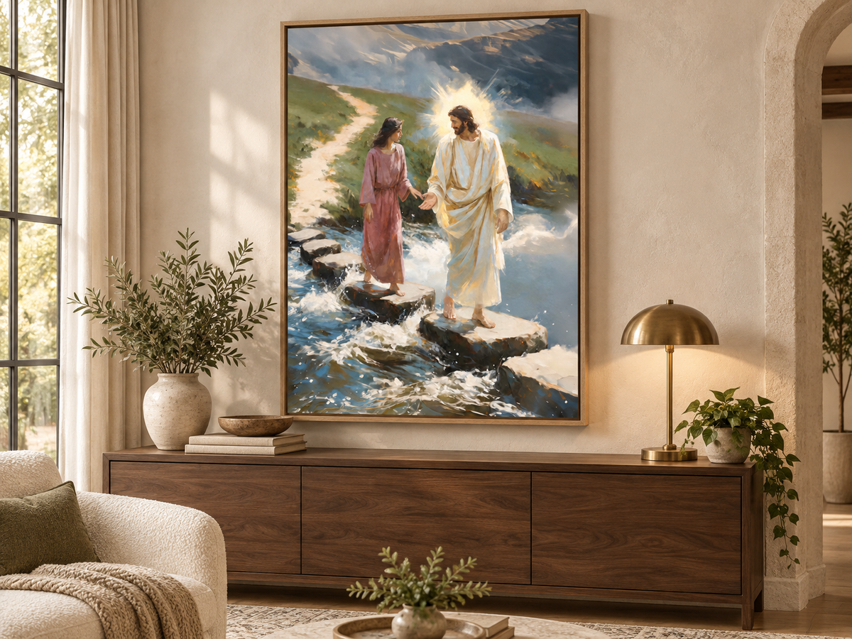 Vertical canvas print of Jesus reaching toward a woman across rushing water in a simple oak float frame above a walnut console.