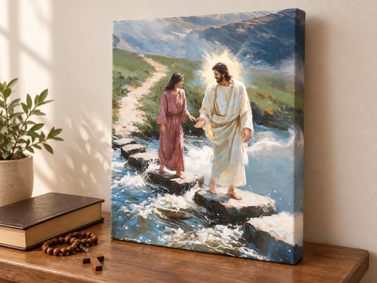 Unframed vertical canvas print of Jesus reaching toward a woman across river stones, standing on a small wood table beside a closed book and rosary.
