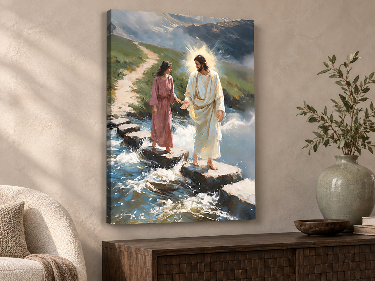Unframed vertical canvas print of Jesus reaching toward a woman across water above a walnut console and cream chair.