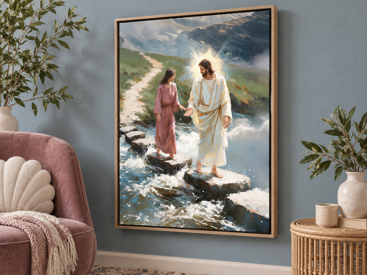 Vertical canvas print of Jesus reaching toward a woman across water in a simple float frame on a blue-gray wall beside a mauve chair.