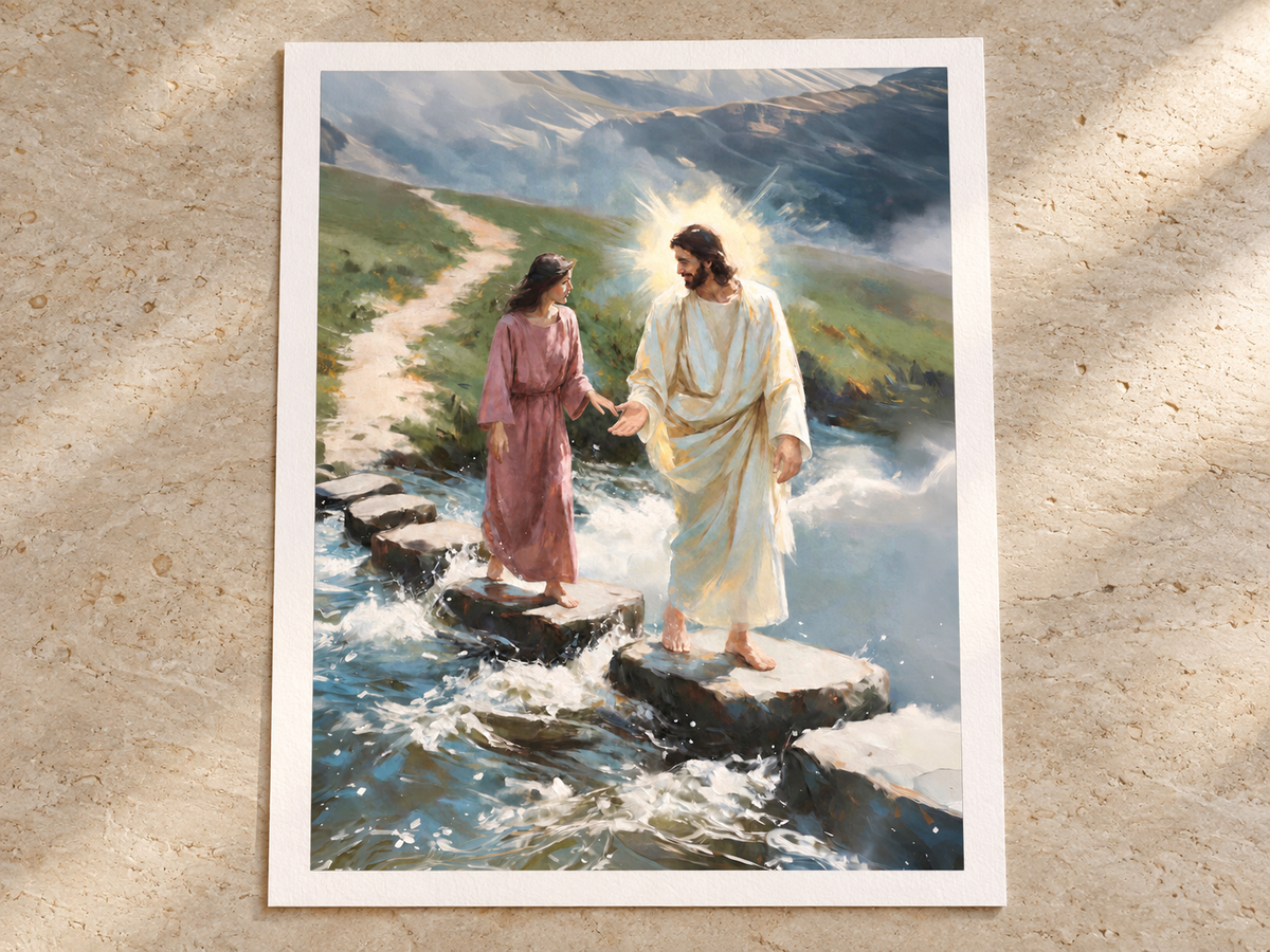 Unframed vertical fine art paper print of Jesus reaching toward a woman across river stones, lying flat on a stone table with a warm-white margin.