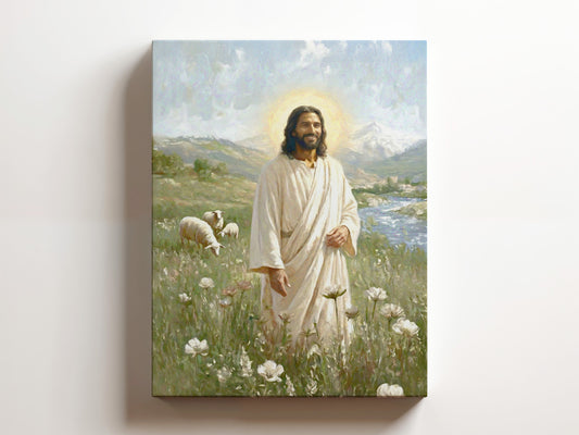 Canvas Print of Jesus as the Good Shepherd, 11×14 inches on canvas, warm neutral palette, suitable for nursery wall decor.