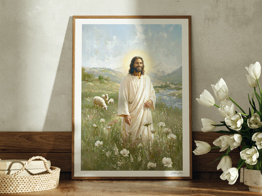 Artist Signed Fine Art Paper Print of Jesus as the Good Shepherd, 8x10 inches on archival paper, warm neutral palette, suitable for nursery wall decor.