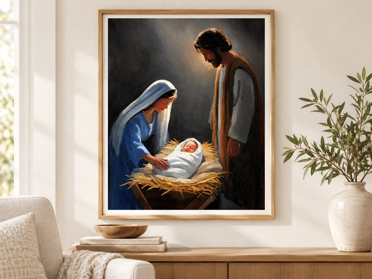 A Savior Is Born in a slim oak frame above a console in a sunlit living room