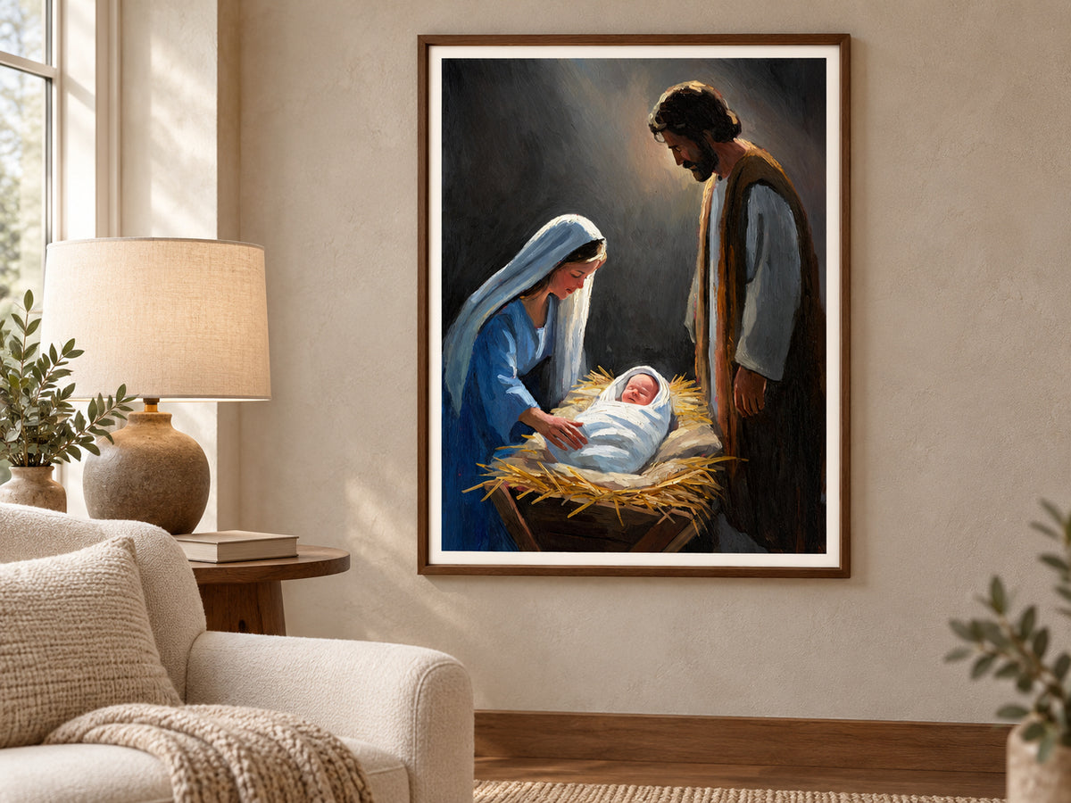 A Savior Is Born in a walnut frame beside a cream reading chair