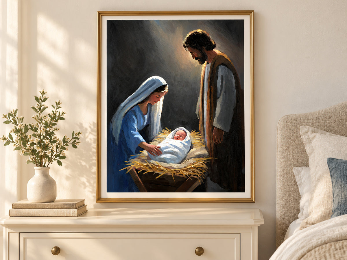 A Savior Is Born in a slim gold frame in a quiet neutral bedroom
