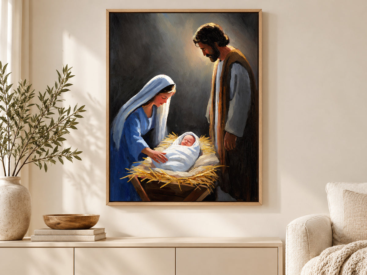 A Savior Is Born on canvas in an oak floating frame in a neutral family room
