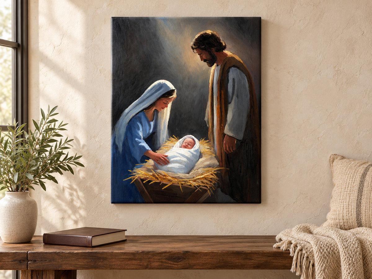 A Savior Is Born as an unframed canvas above a walnut bench in a reading corner