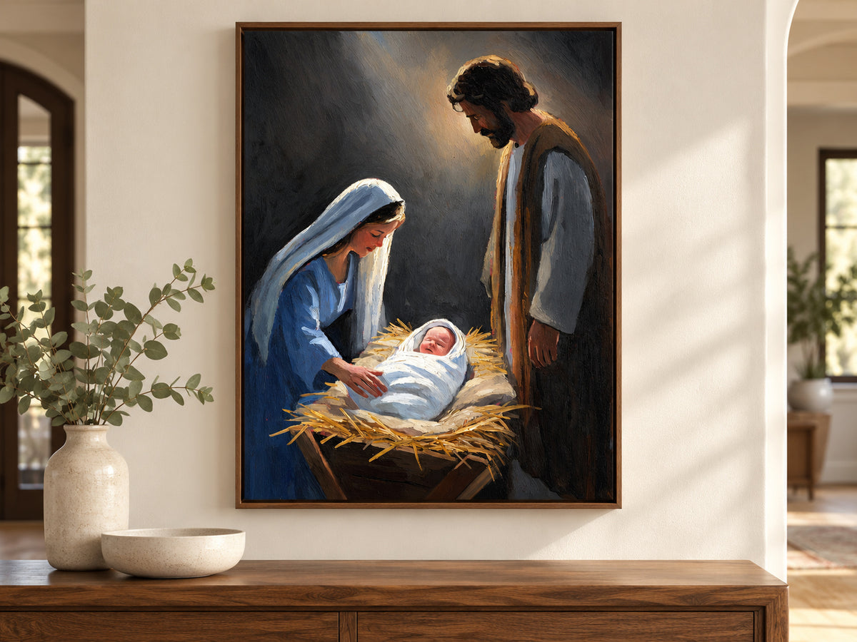 A Savior Is Born on canvas in a walnut floating frame above an entry console