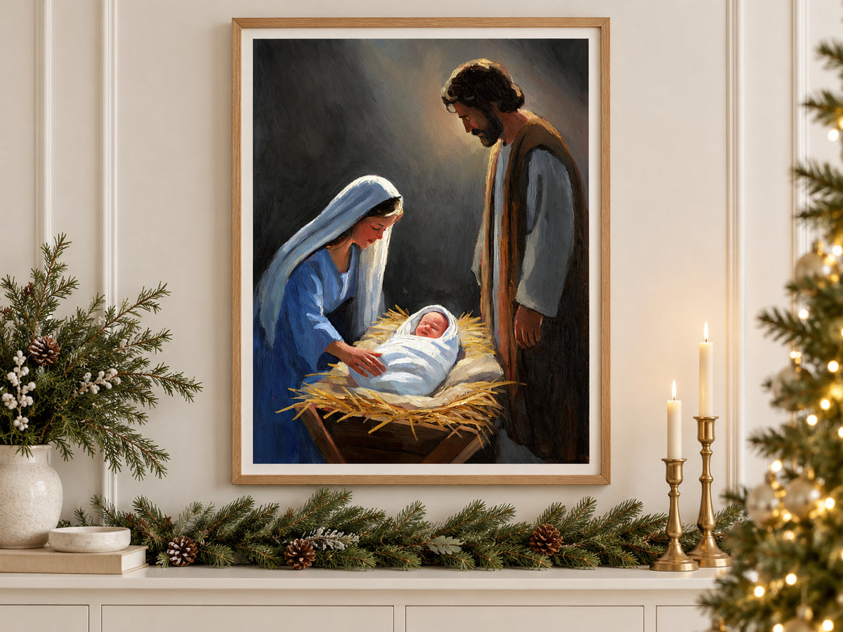 A Savior Is Born in an oak frame above a console styled with evergreen and brass for Christmas