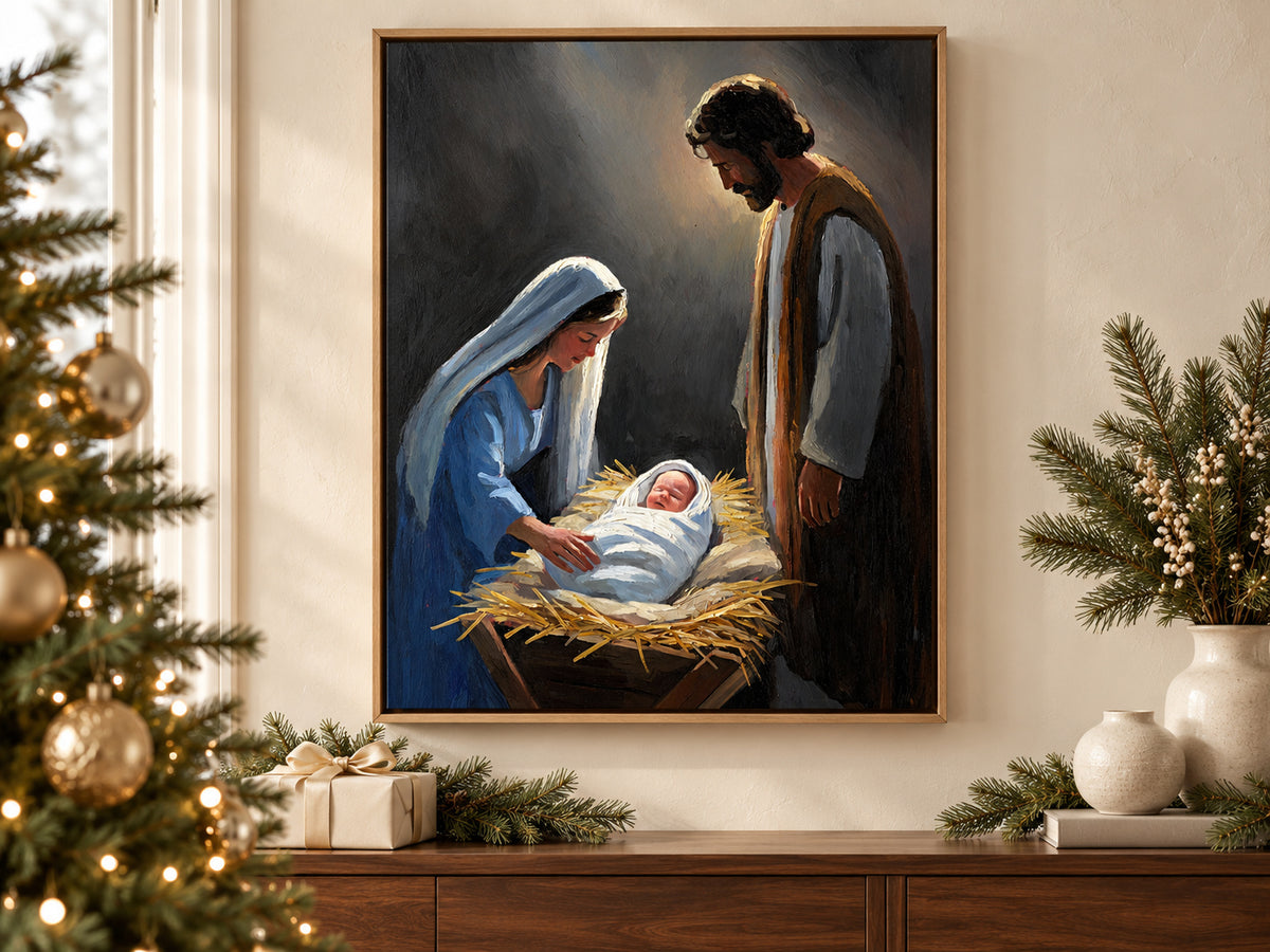 A Savior Is Born on canvas beside a softly lit Christmas tree in a family room
