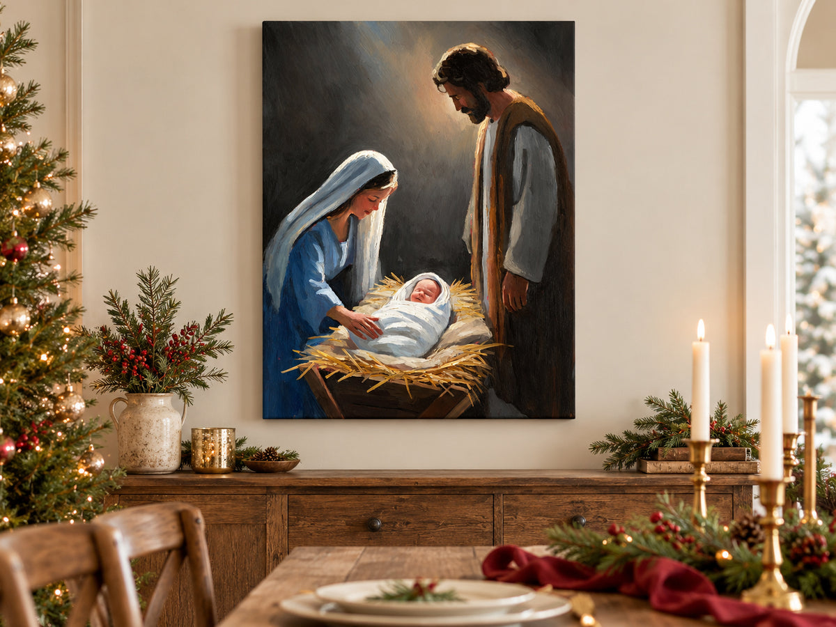 A Savior Is Born as an unframed canvas in a dining room styled with evergreen and brass for Christmas