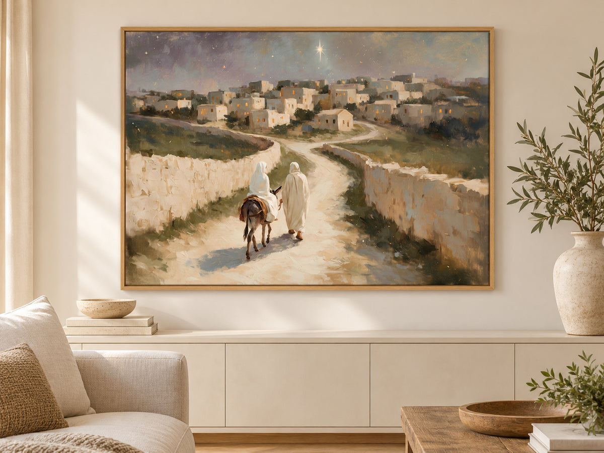The Road to Bethlehem on canvas in an oak floating frame in a neutral family room
