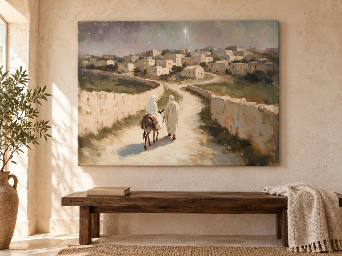 The Road to Bethlehem as an unframed canvas above a walnut bench in a reading corner