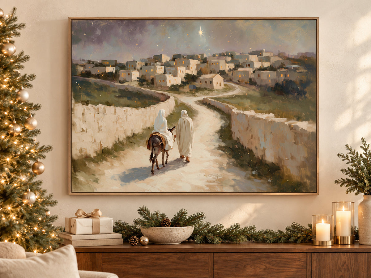 The Road to Bethlehem on canvas beside a softly lit Christmas tree in a family room