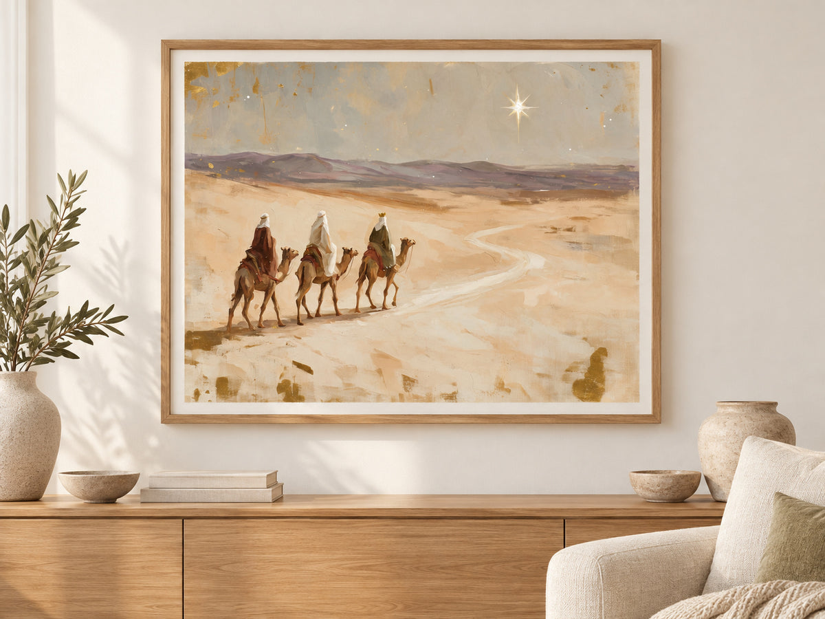 Led by His Star in a slim oak frame above a console in a sunlit living room