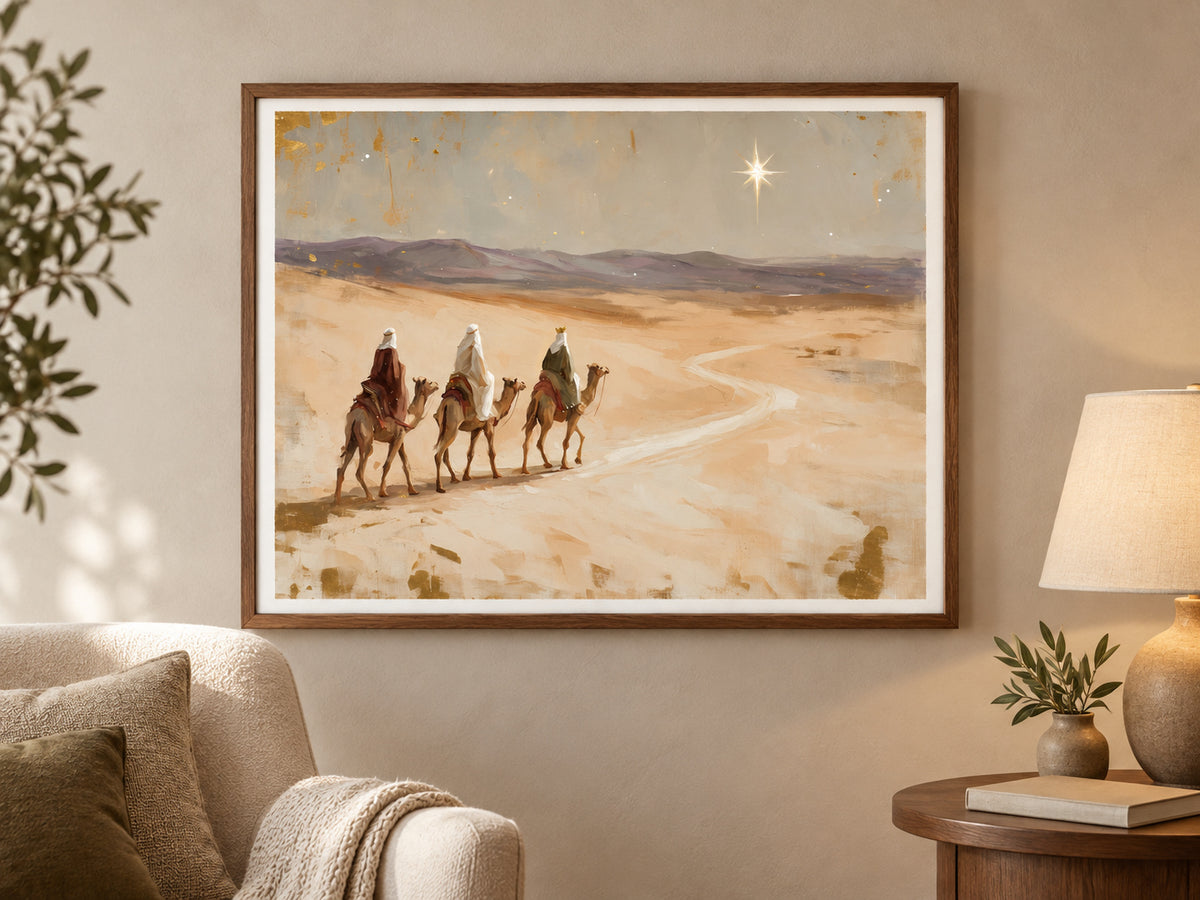 Led by His Star in a walnut frame beside a cream reading chair