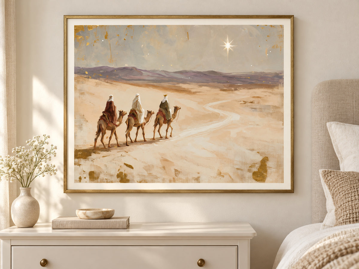 Led by His Star in a slim gold frame in a quiet neutral bedroom