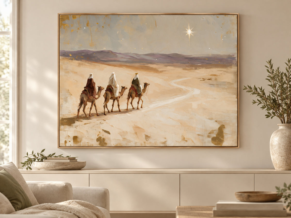 Led by His Star on canvas in an oak floating frame in a neutral family room