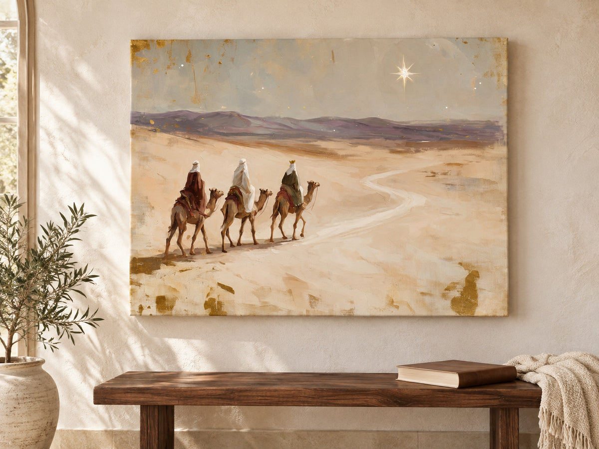 Led by His Star as an unframed canvas above a walnut bench in a reading corner