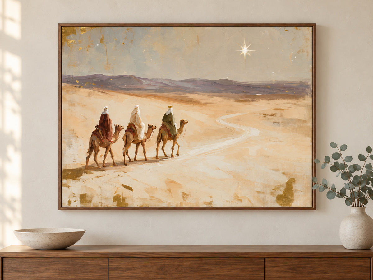Led by His Star on canvas in a walnut floating frame above an entry console