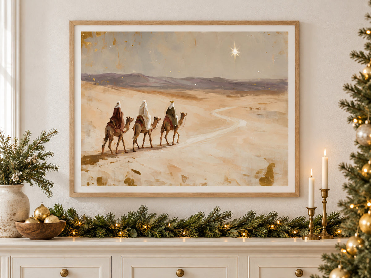 Led by His Star in an oak frame above a console styled with evergreen and brass for Christmas